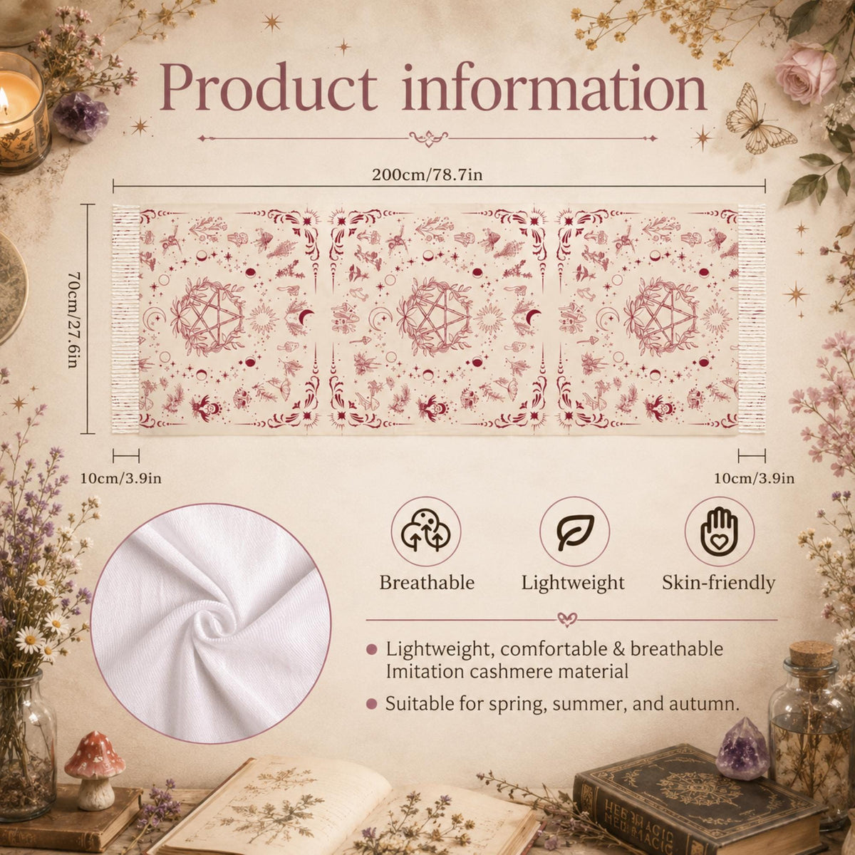 Practical Magic Witch Herb Pentagram Tassel Wrap Whimsical Occult Clothing Altar Scarf Kitchen Garden Nature Witch Gift Idea for the Holiday