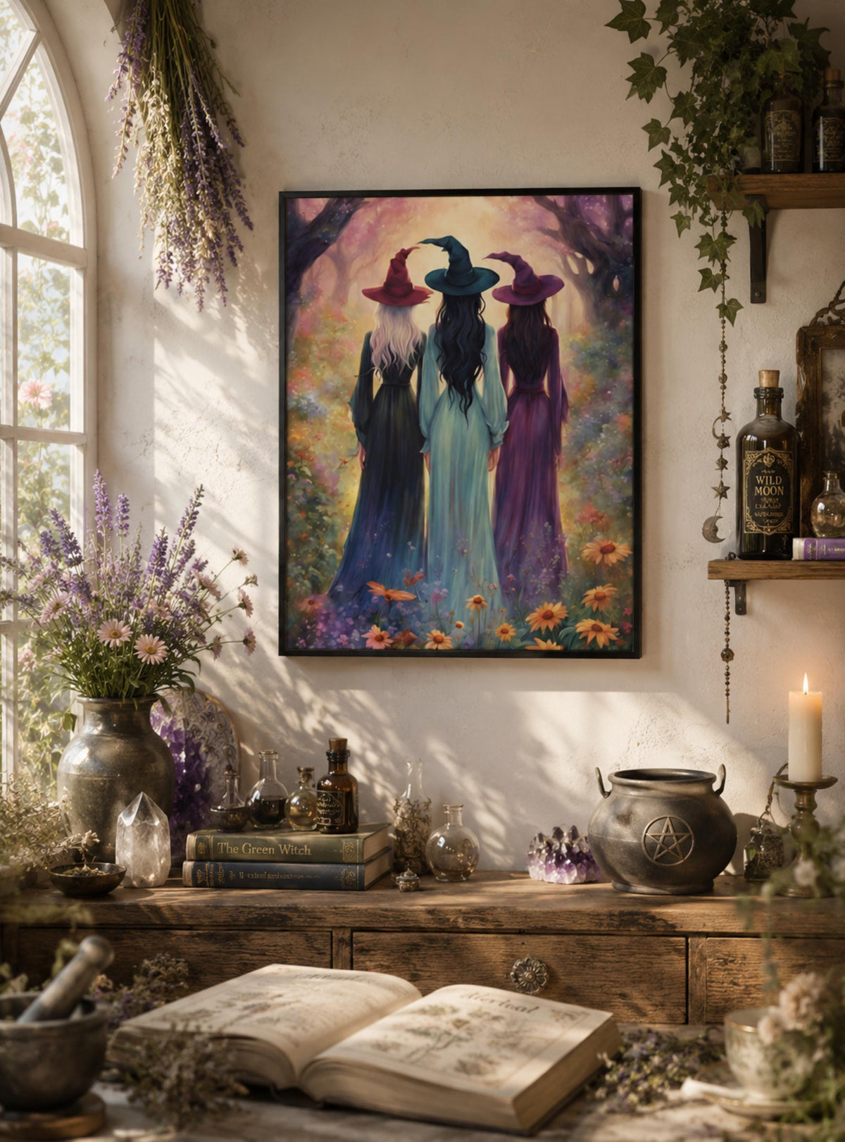 Gift for Bestie Three Witches Matte Canvas Enchanting Whimsigoth Cottagecore Witch Enchanting Halloween Vintage Wildflower Witches Coven Art