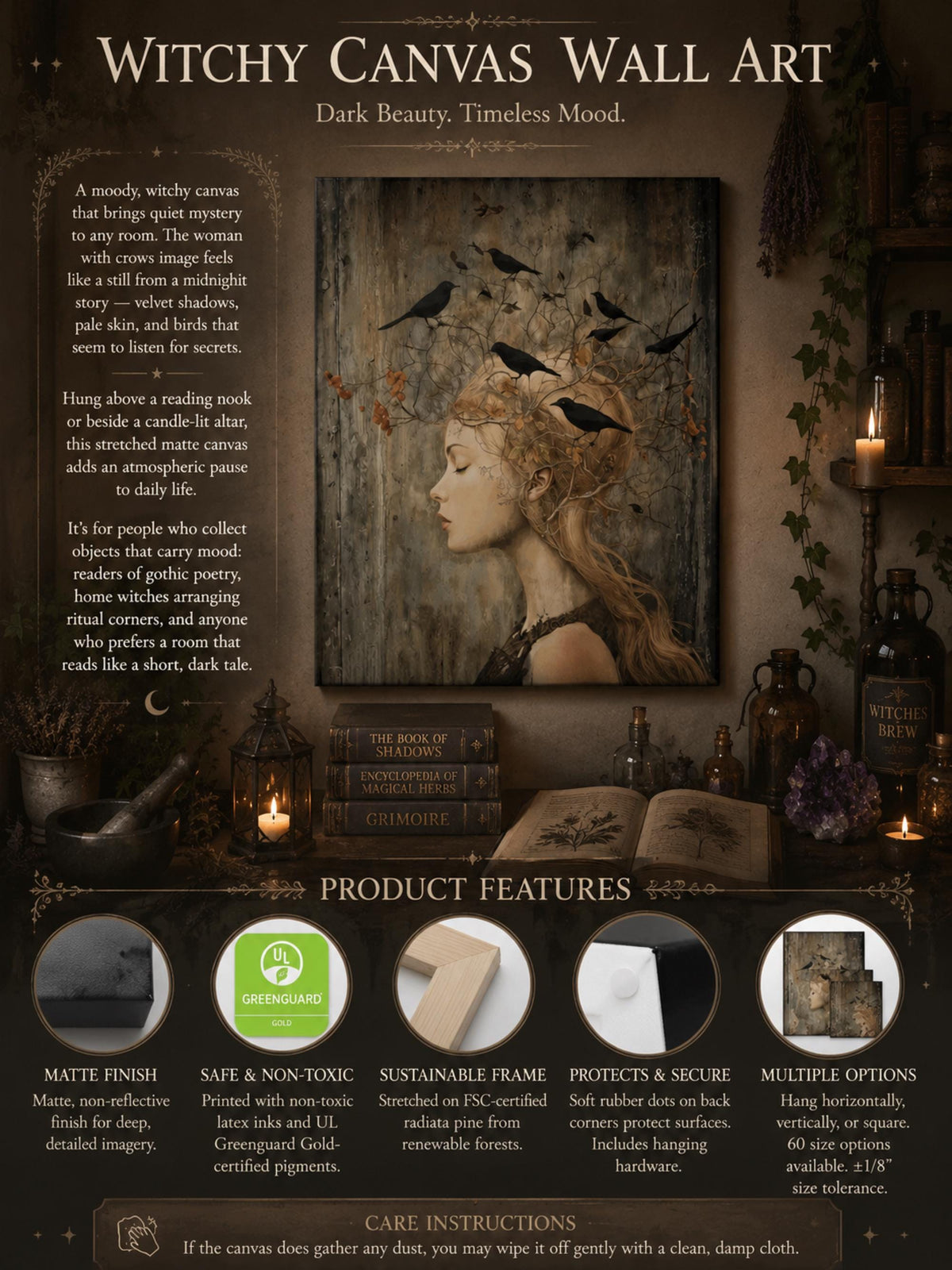 Witchy Wall Art Idea for Entryway Crow Woman Canvas Whimsical Raven Art Giftforher Gothic Wall Decor for Bedroom Pagan Mystical Feminine Art