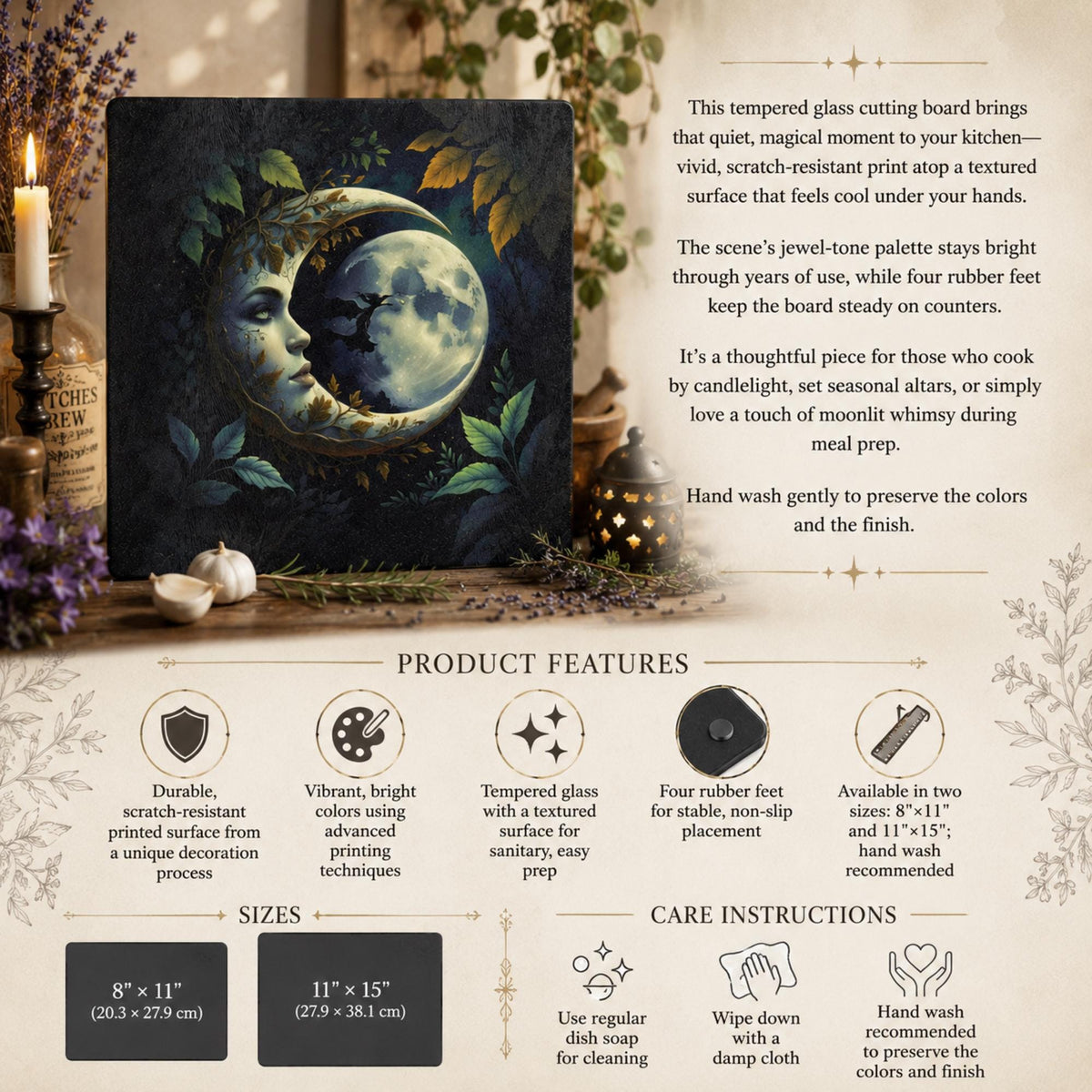 Holiday Fall Host Gift Kitchen Witch Mystic Decor Gift for Bestie Dark Academia Home Accessory for Mom Moonface Moon Glass Cutting Board