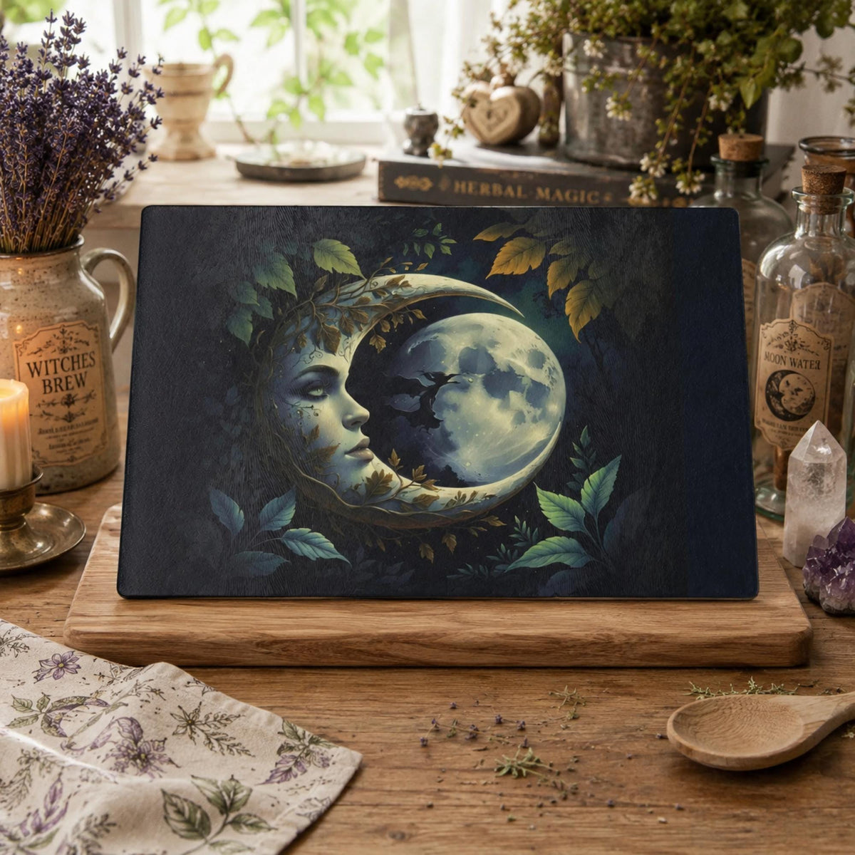 Sisterhood Witch Gift Idea for Mom Boho Witches Fall Hosting Gift Idea Kitchen Witch Decor for Halloween Party Moonlight Glass Cutting Board