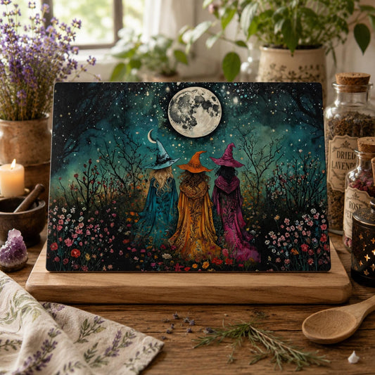 Sisterhood Witch Gift Idea for Mom Boho Witches Fall Hosting Gift Idea Kitchen Witch Decor for Halloween Party Moonlight Glass Cutting Board