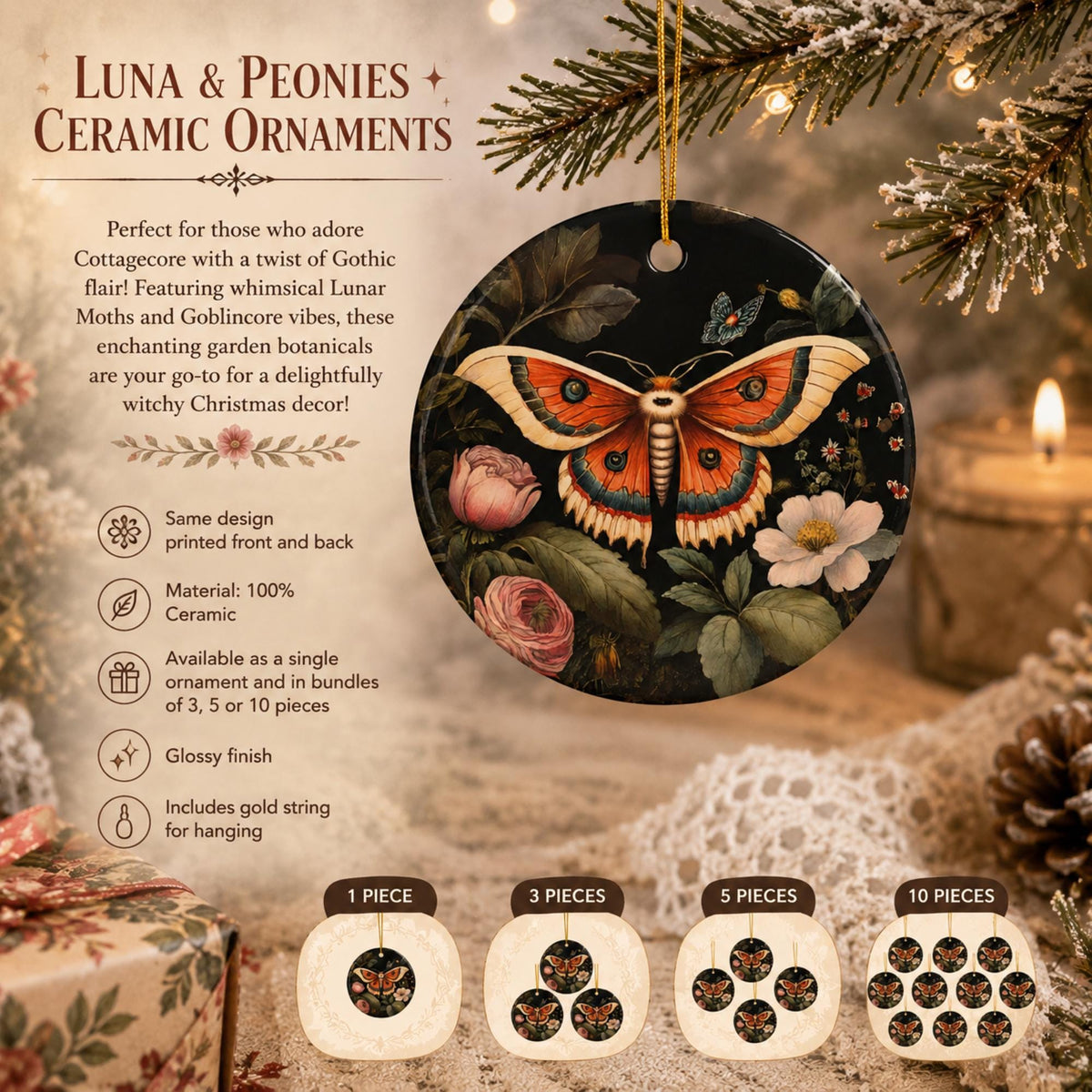 Cottagecore Lunamoth Blessed Yule Ornament
