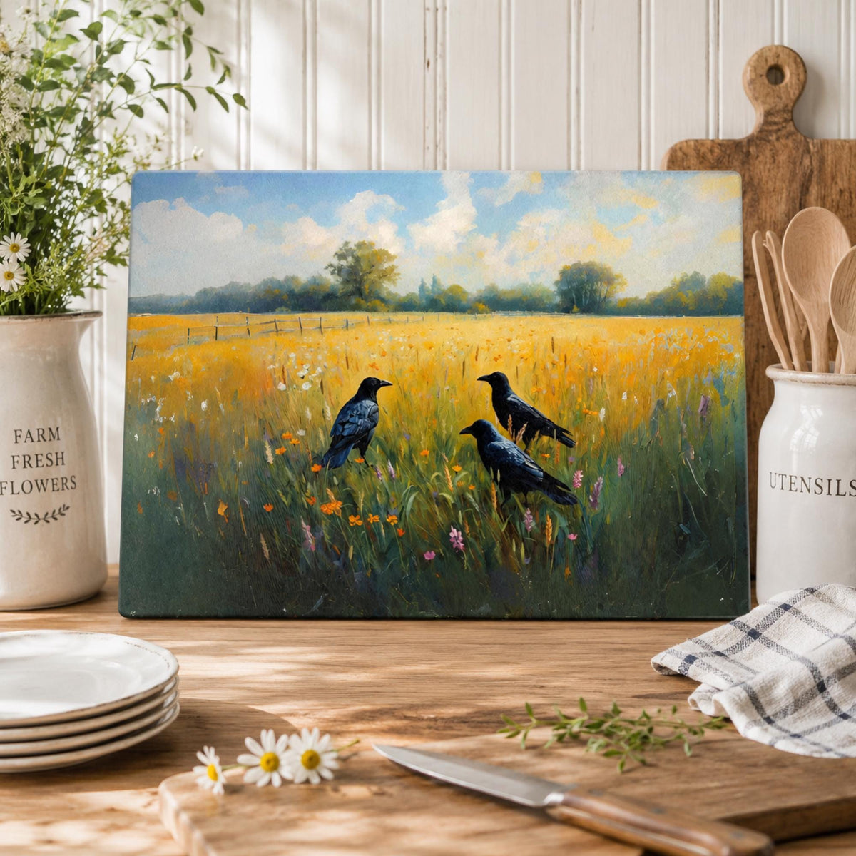 Enchanted Kitchen Storybook Decor for Whimsical Home Fairytale Castle Glass Cutting Board Cottagecore Farmhouse Gift Idea for Crow Lover