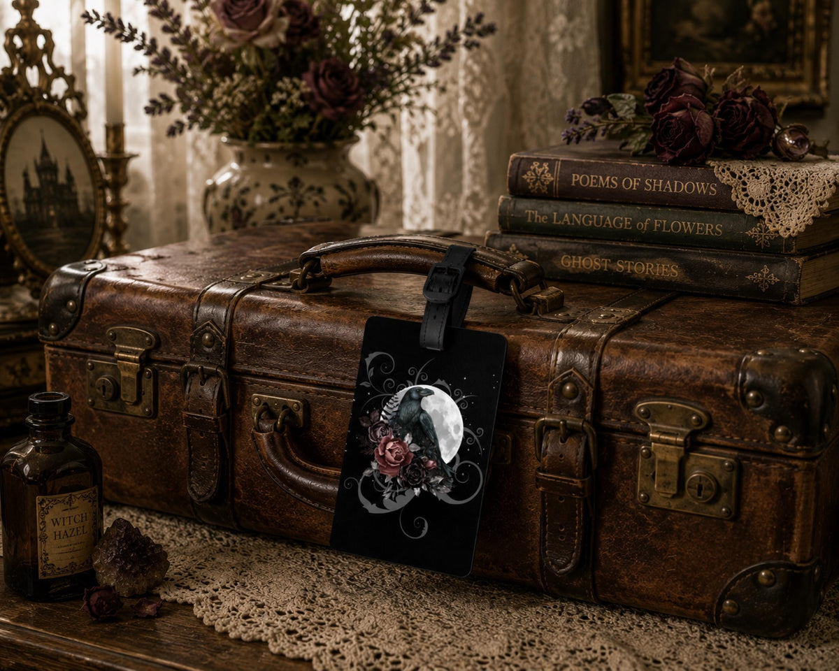 Gothic Travel Halloween Luggage Accessory Giftforher Mystical Crow Suitcase Tag Dark Academia Witch Essentials For the Holidays Solstice