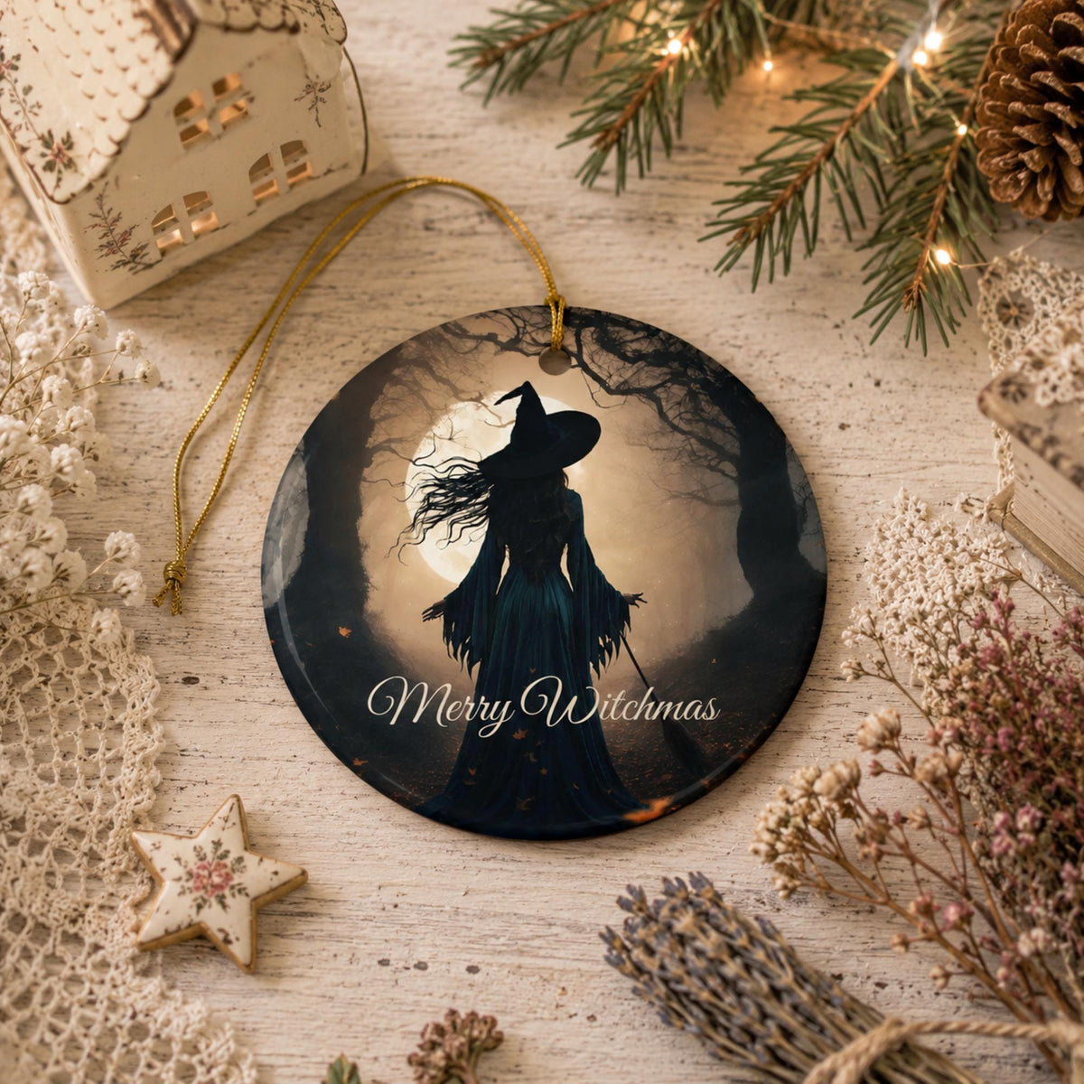 Merry Witchmas Ornament Gift for Occult Coworker Witch Gift Dark Cottagecore Winter Solstice Practical Magic Full Moon Pagan Yule Decor