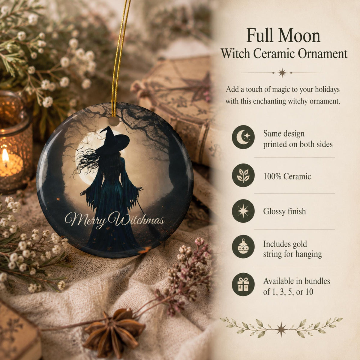 Merry Witchmas Ornament Gift for Occult Coworker Witch Gift Dark Cottagecore Winter Solstice Practical Magic Full Moon Pagan Yule Decor