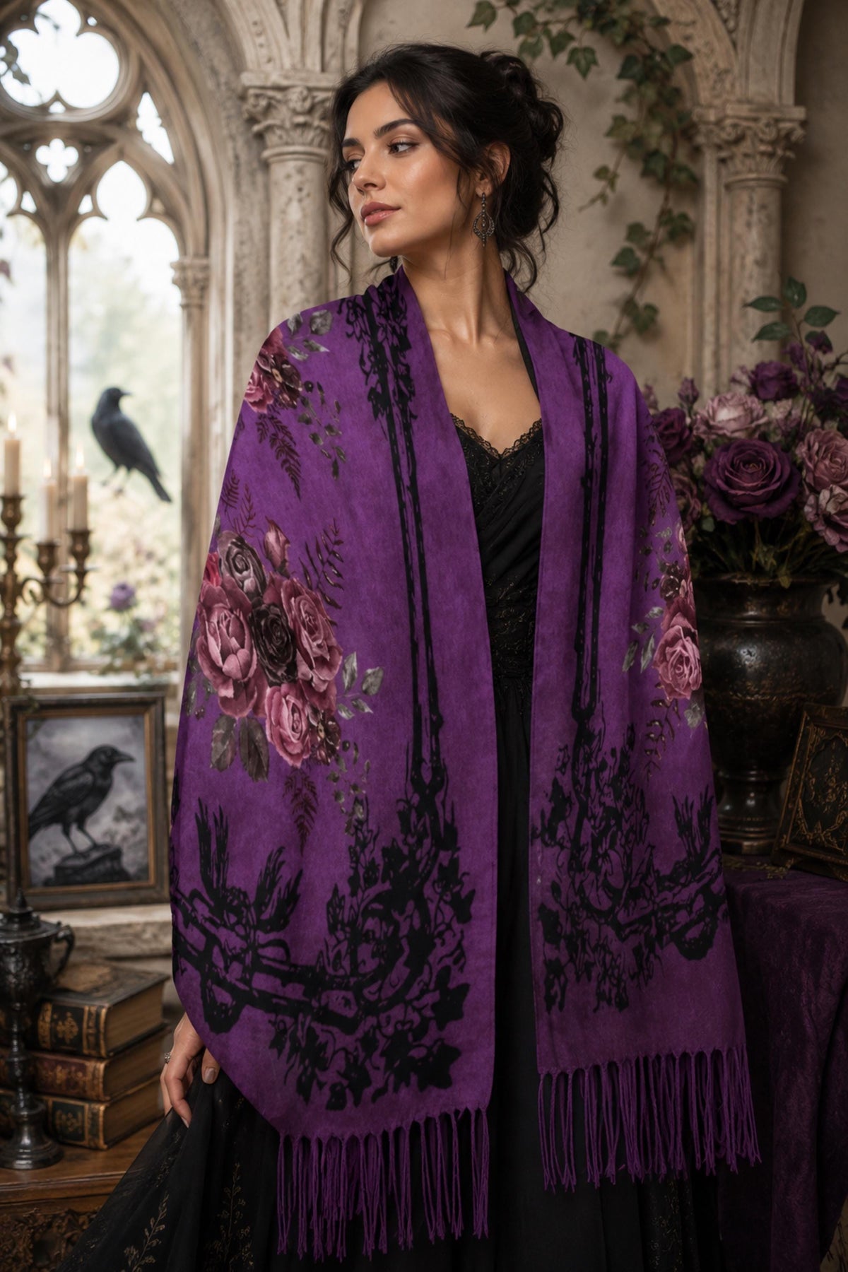 Dark Romance Gothic Gift for Holiday Winter Scarf Gift for Mom Witchy Shawl for Pagan Festival Romantic Victorian Soft Habotai Pashmina Wrap