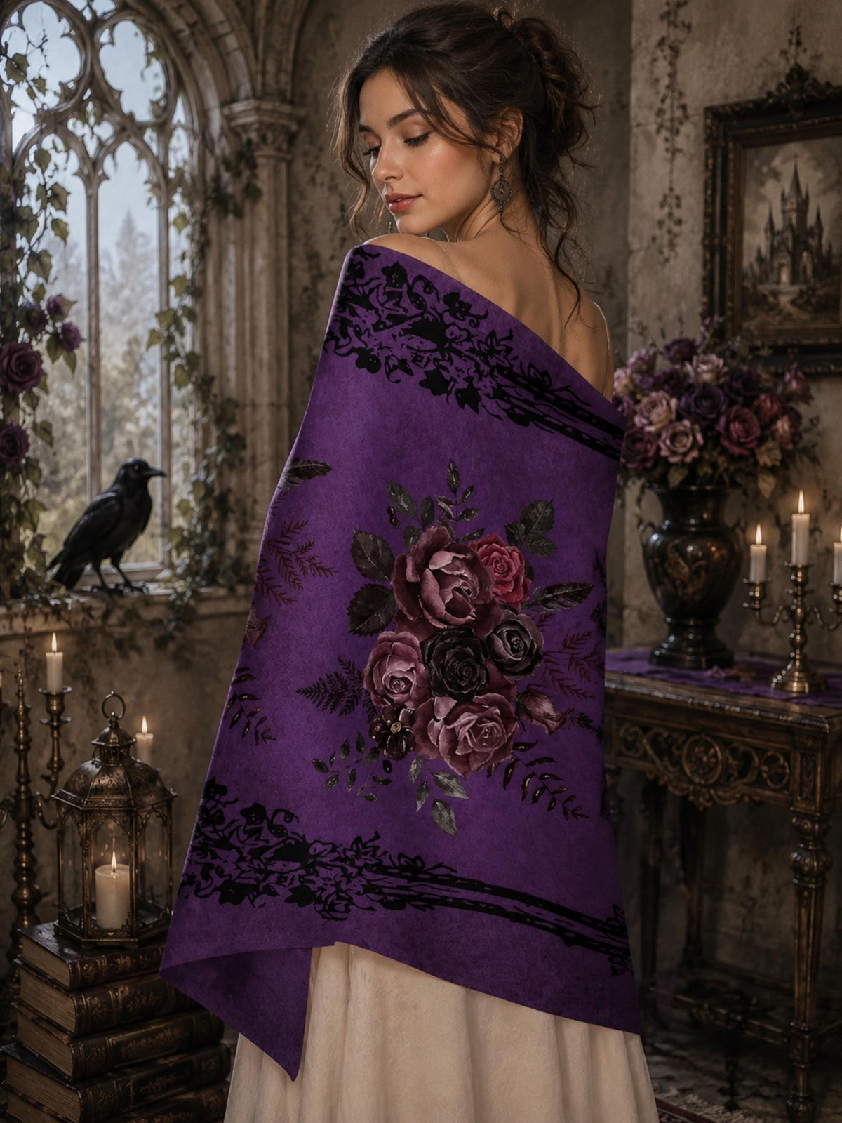 Dark Romance Gothic Gift for Holiday Winter Scarf Gift for Mom Witchy Shawl for Pagan Festival Romantic Victorian Soft Habotai Pashmina Wrap