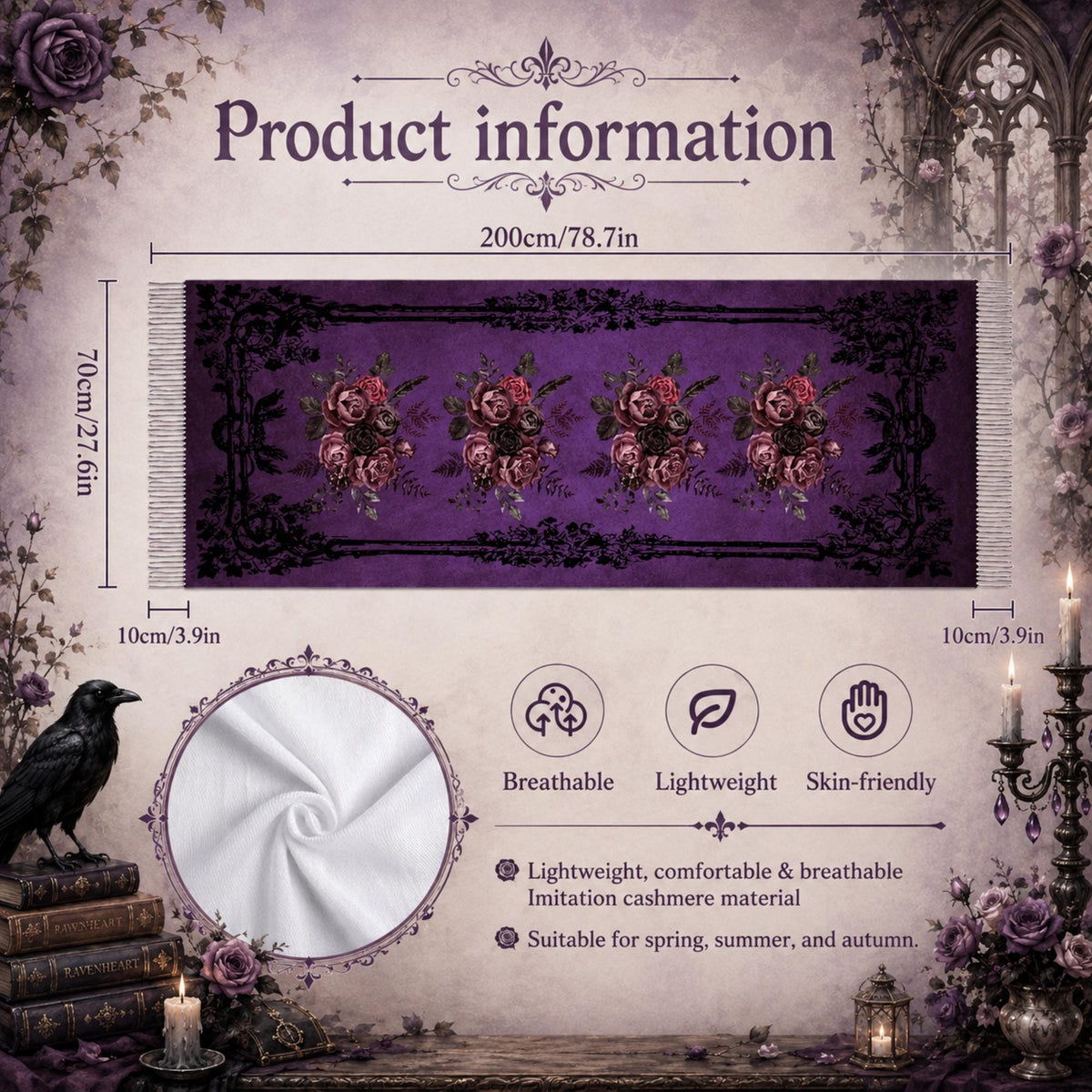 Dark Romance Gothic Gift for Holiday Winter Scarf Gift for Mom Witchy Shawl for Pagan Festival Romantic Victorian Soft Habotai Pashmina Wrap