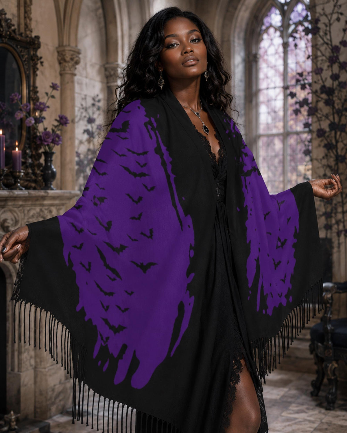 Witchy Gothic Outerwear Cloud of Bats Gothic Clothing Pagan Gift Flock of Birds Bat Shawl Oxblood Bat Tassel Scarf Gothic Halloween Fashion