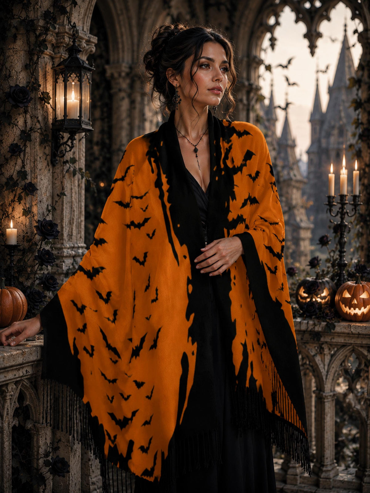 Witchy Gothic Outerwear Cloud of Bats Gothic Clothing Pagan Gift Flock of Birds Bat Shawl Oxblood Bat Tassel Scarf Gothic Halloween Fashion