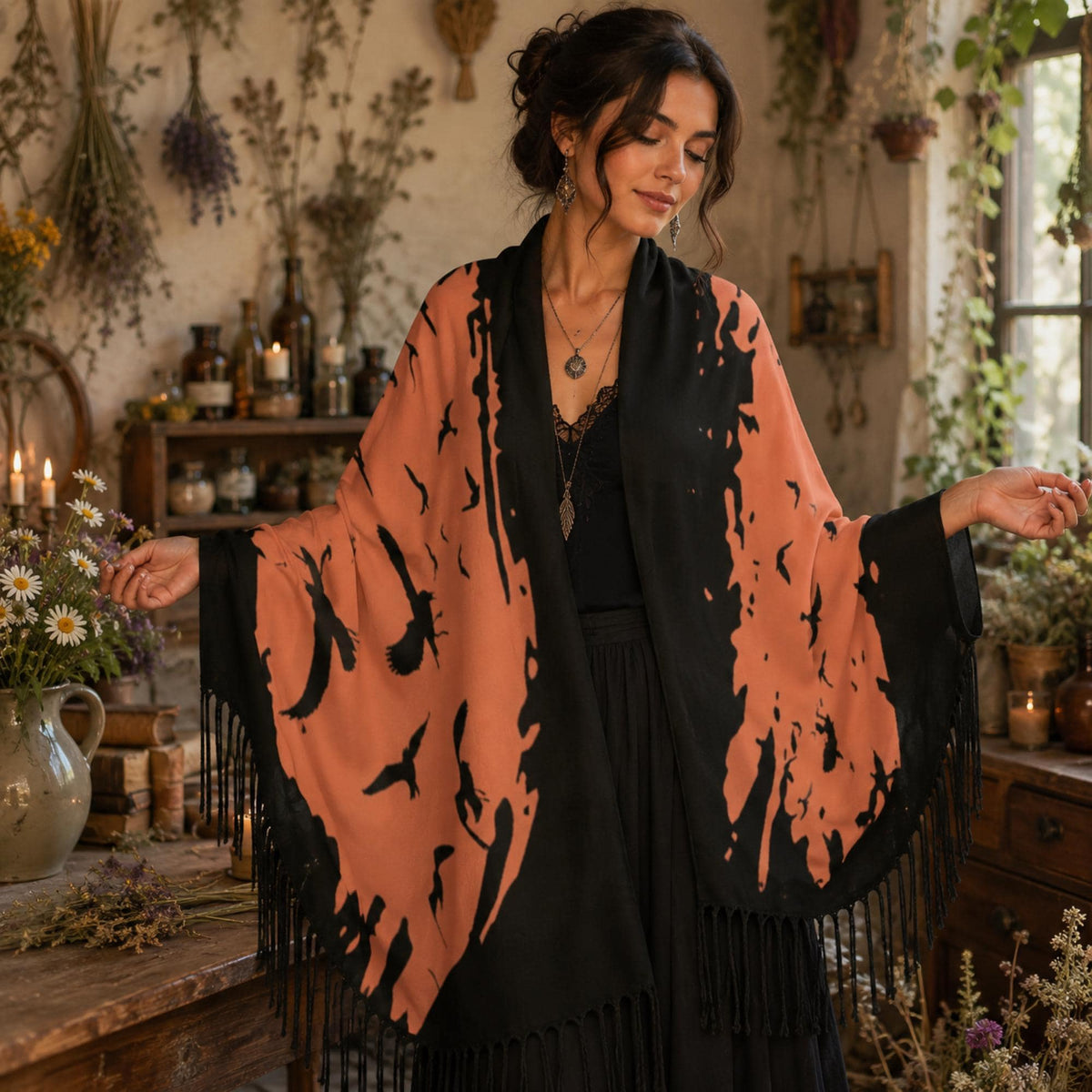 Witch Christmas Gift for Daughter Raven Shawl Pagan Holiday Wrap for Mom Witchy Alt Clothing for Halloween Flock of Birds Goth Accessory