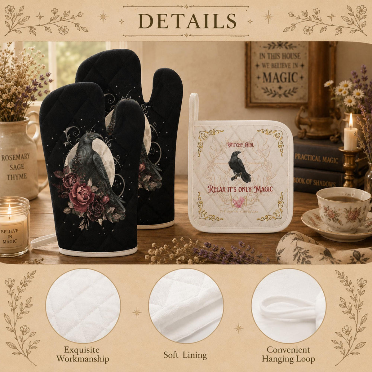 Kitchen Witch Holiday Gift for Mom Witchcore Oven Mitts & Pot Holder Black Crow Wiccan Kitchen Decor Witchy Dark Chef Accessory Kitchen Set