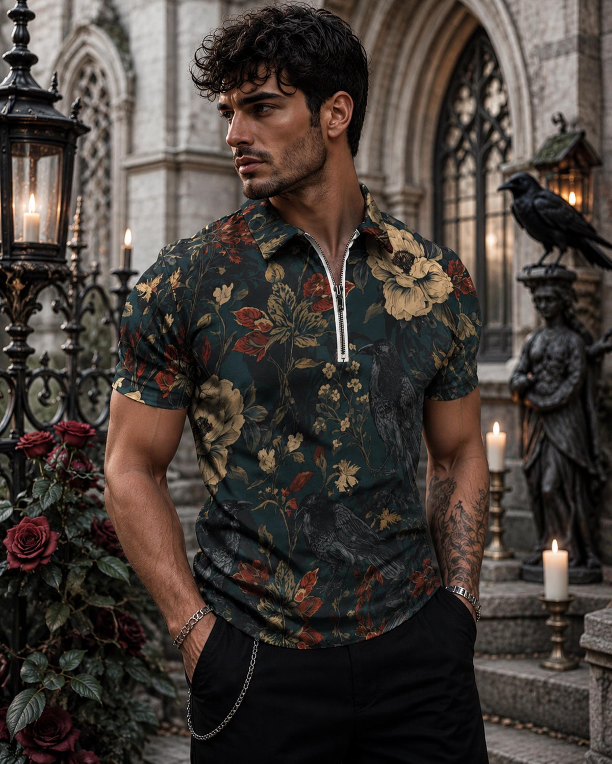 Dark Romance Shirt for Boyfriend William Morris Crow Faux Linen Mens Oxford Cotton Zip POLO Hallow Plus Size Goth Crow Oxford Goth Christmas