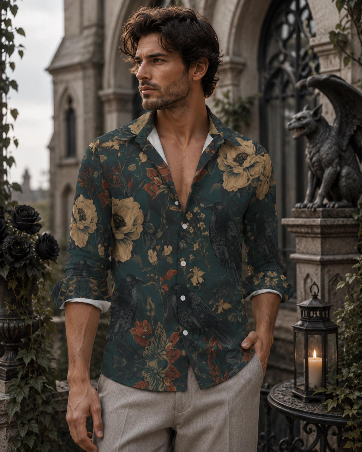 Dark Romance Shirt for Boyfriend William Morris Crow Faux Linen Mens Oxford Cotton Zip POLO Hallow Plus Size Goth Crow Oxford Goth Christmas