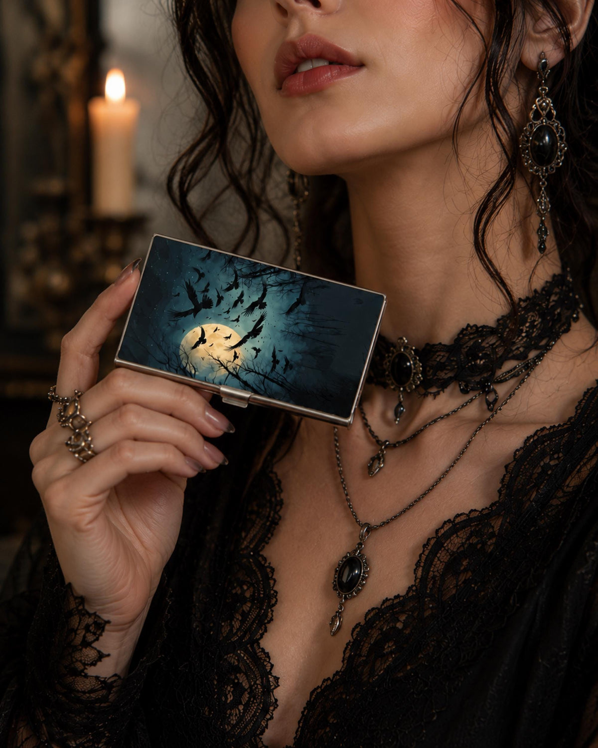 Full Moon Crow Card Holder Witchy Stash Box Gift