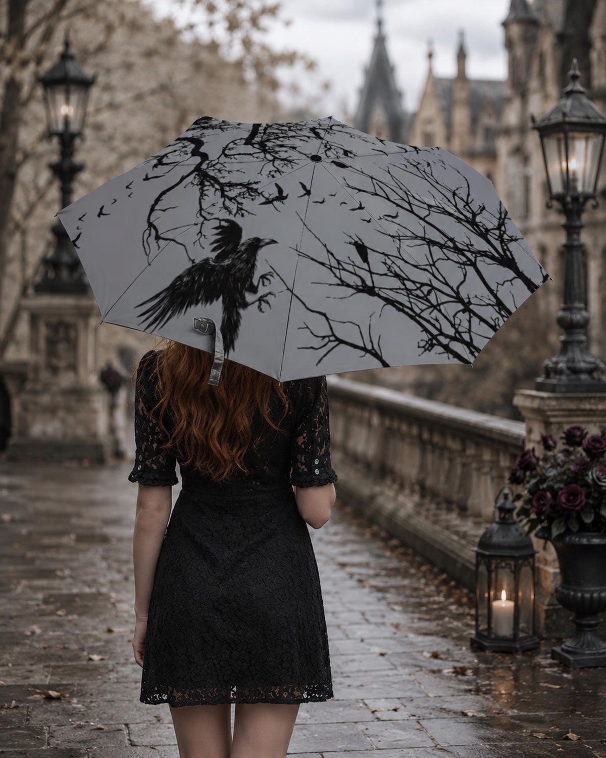 Goth Umbrella for Corporate Goth Lovers Mystic Crow Auto Umbrella Gift Idea for Halloween Gothic Witchcore Raven Parasol Umbrella Academy