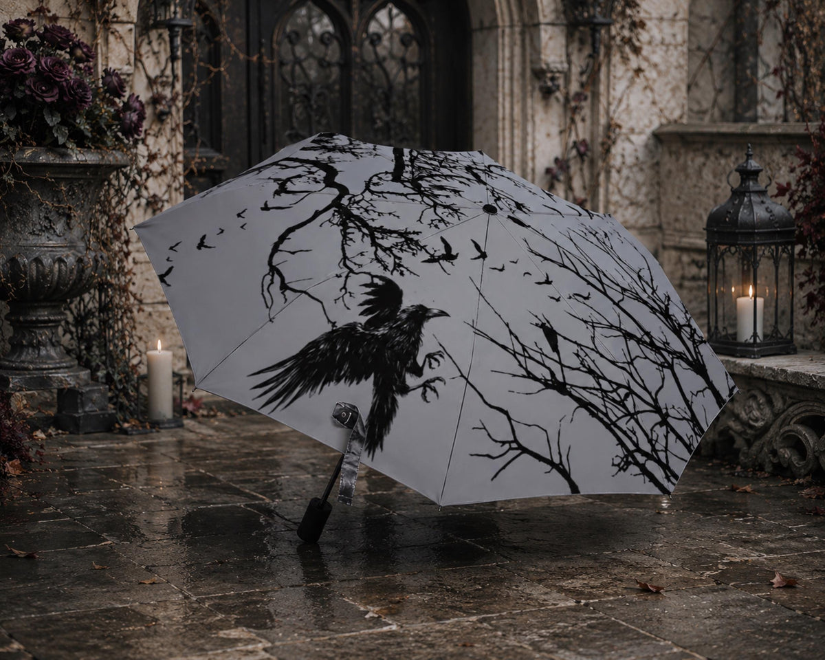 Goth Umbrella for Corporate Goth Lovers Mystic Crow Auto Umbrella Gift Idea for Halloween Gothic Witchcore Raven Parasol Umbrella Academy