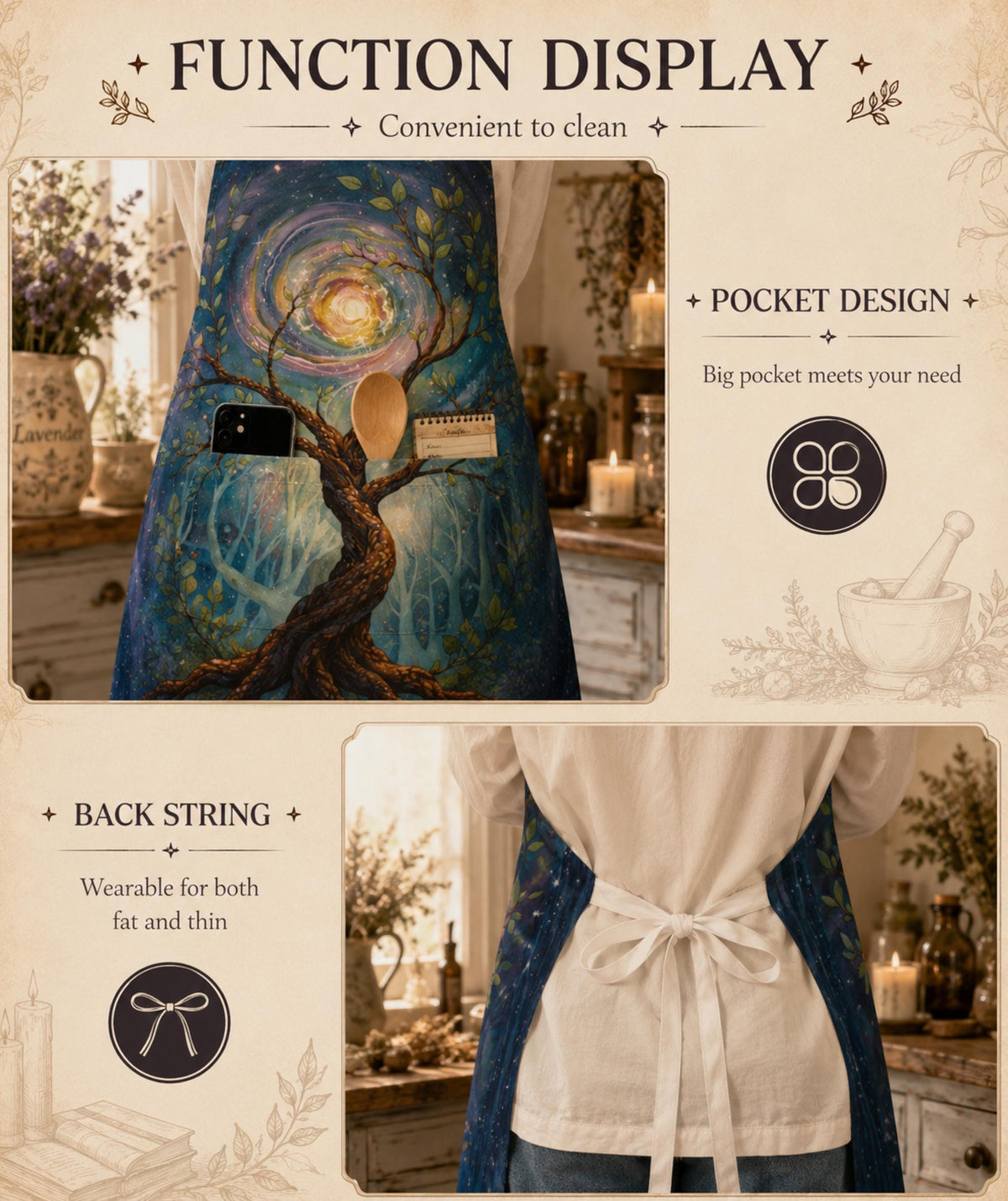 Tree of Life Adult Apron with Pocket Witchy Oven Mitts & Pot Holder Pagan Gift Ideas Kitchen Apron Oven Mitts Practical Magic Unique Cooking