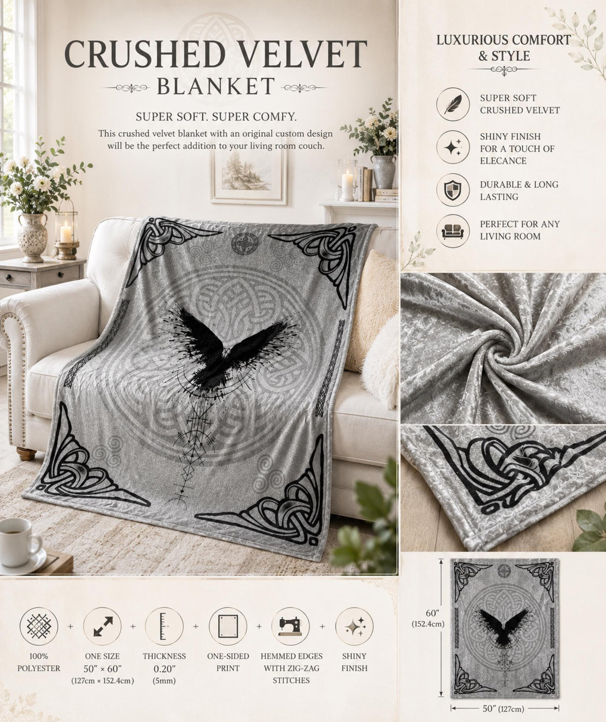 Raven Crow Comfy Plush Throw Blanket