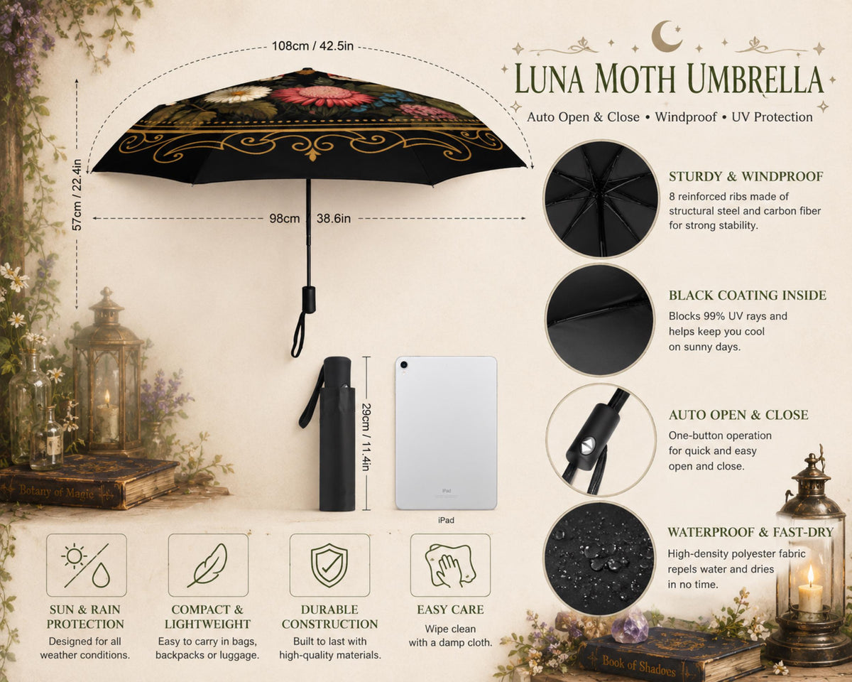 Witchy Girl Gifts Custom Umbrella for Bestie Cottagecore Luna Moth Parasol Gothic Floral Rain Accessory Holiday Idea for Mom Fall Host Gift