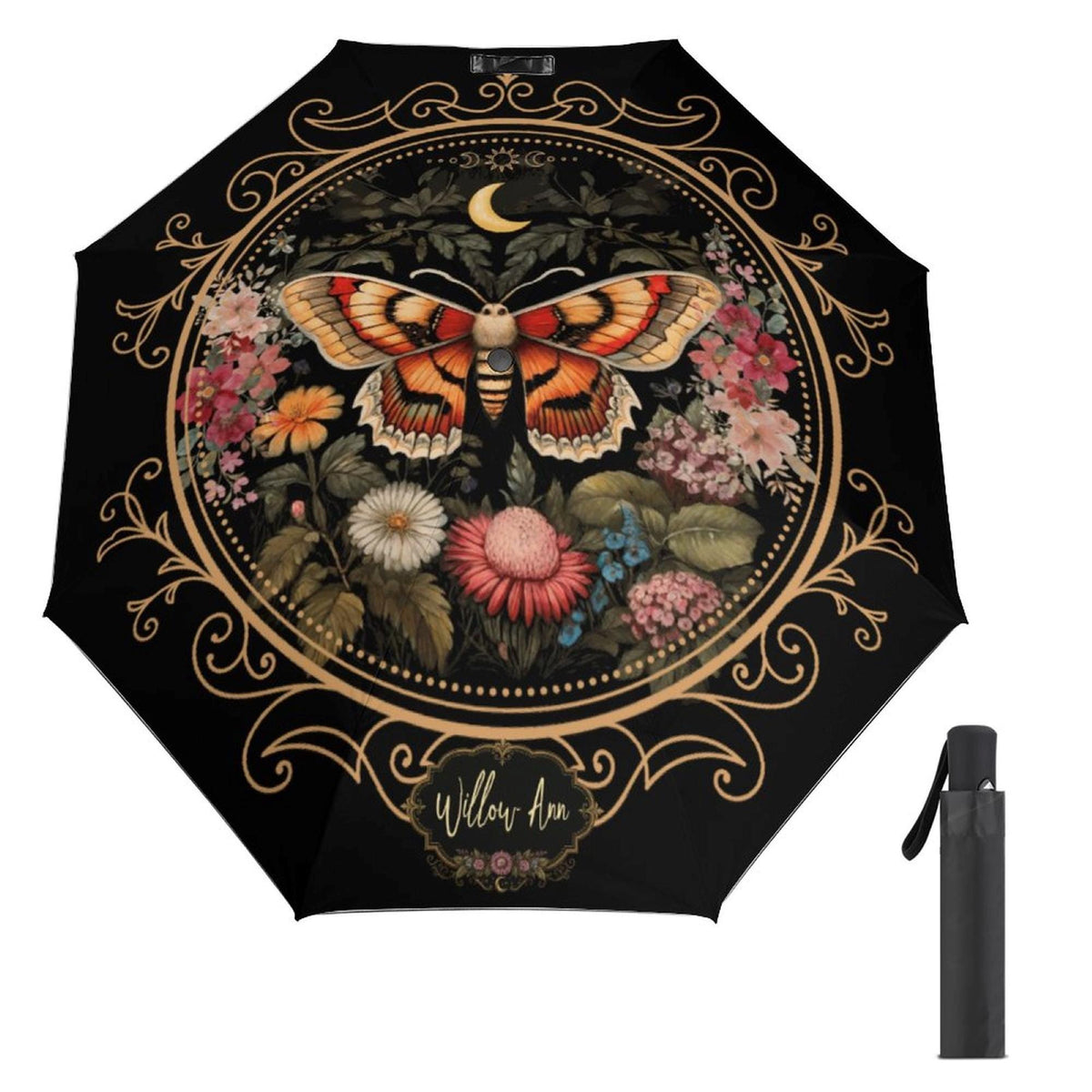 Witchy Girl Gifts Custom Umbrella for Bestie Cottagecore Luna Moth Parasol Gothic Floral Rain Accessory Holiday Idea for Mom Fall Host Gift