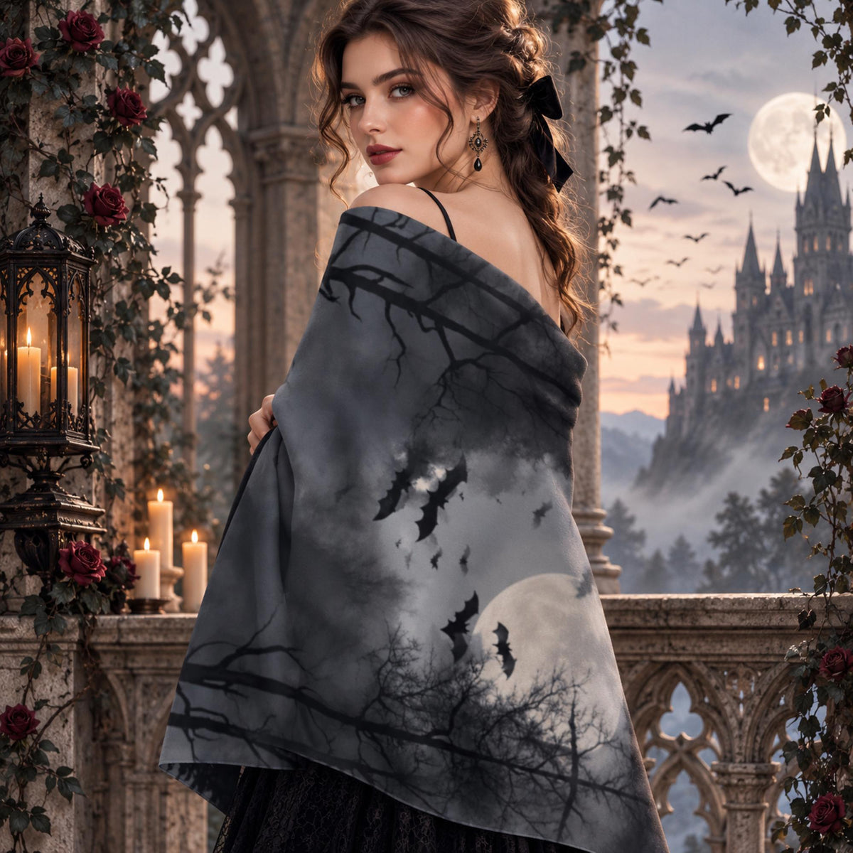 Goth Girl 18th Birthday Gift for Witchy Mom Gothic Bat Scarf for Halloween Party Full Moon Soft Shawl Gótico Bat Cape Sorcière Witch Scarf