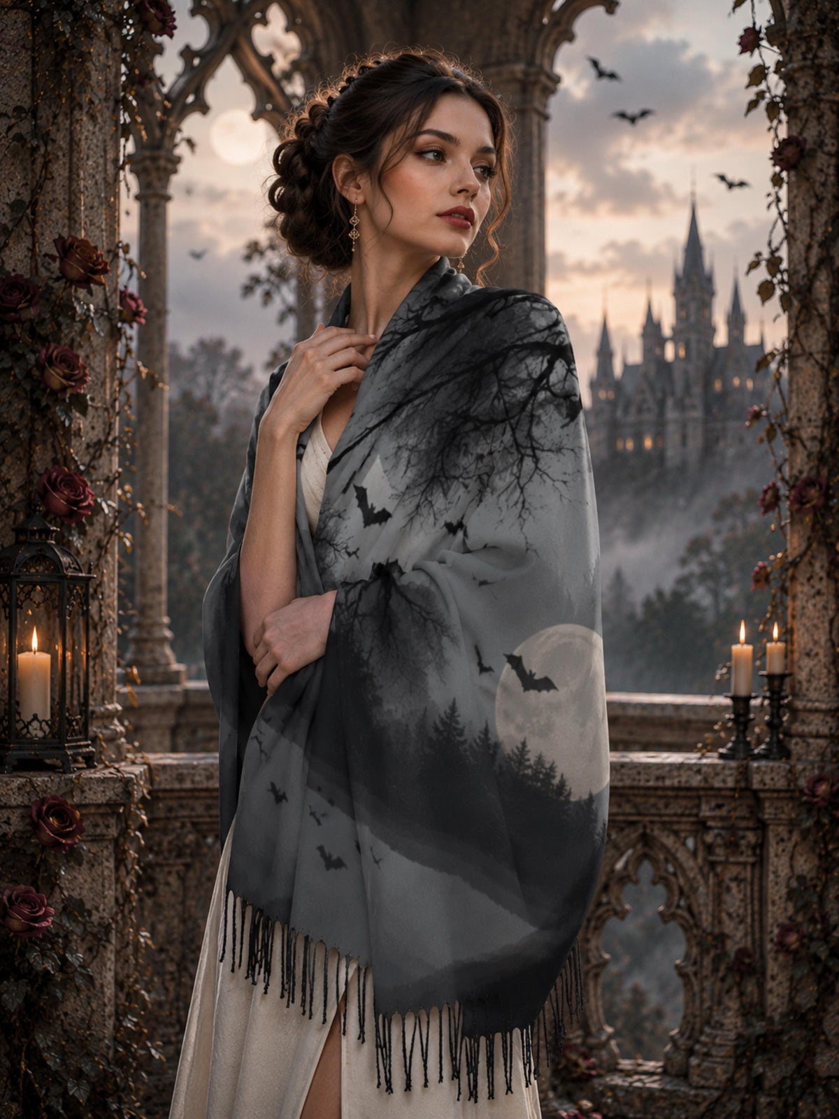 Goth Girl 18th Birthday Gift for Witchy Mom Gothic Bat Scarf for Halloween Party Full Moon Soft Shawl Gótico Bat Cape Sorcière Witch Scarf
