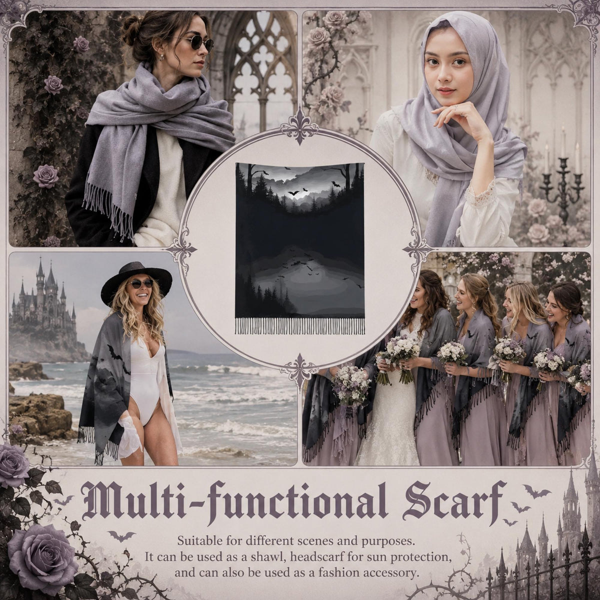 Goth Girl 18th Birthday Gift for Witchy Mom Gothic Bat Scarf for Halloween Party Full Moon Soft Shawl Gótico Bat Cape Sorcière Witch Scarf