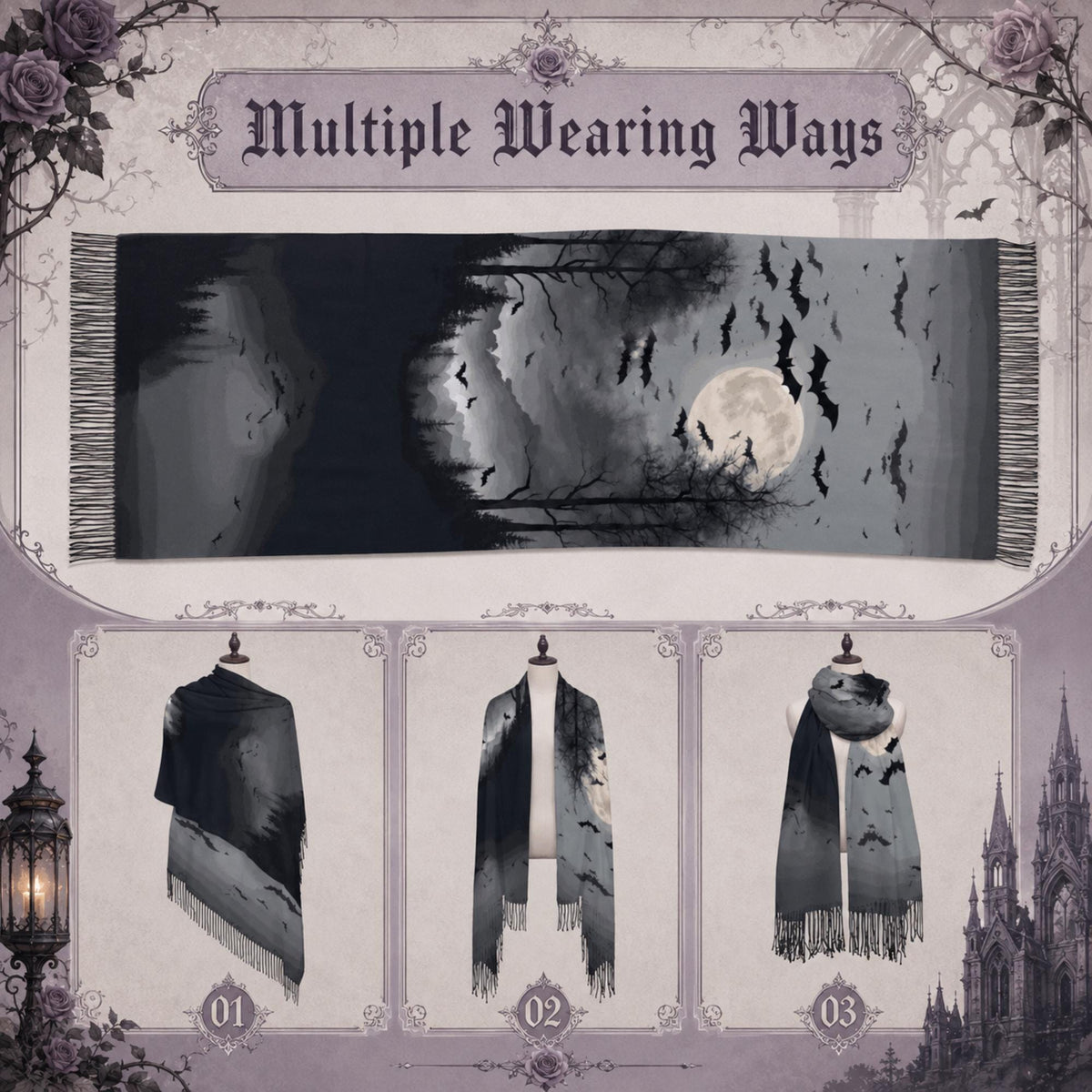 Goth Girl 18th Birthday Gift for Witchy Mom Gothic Bat Scarf for Halloween Party Full Moon Soft Shawl Gótico Bat Cape Sorcière Witch Scarf