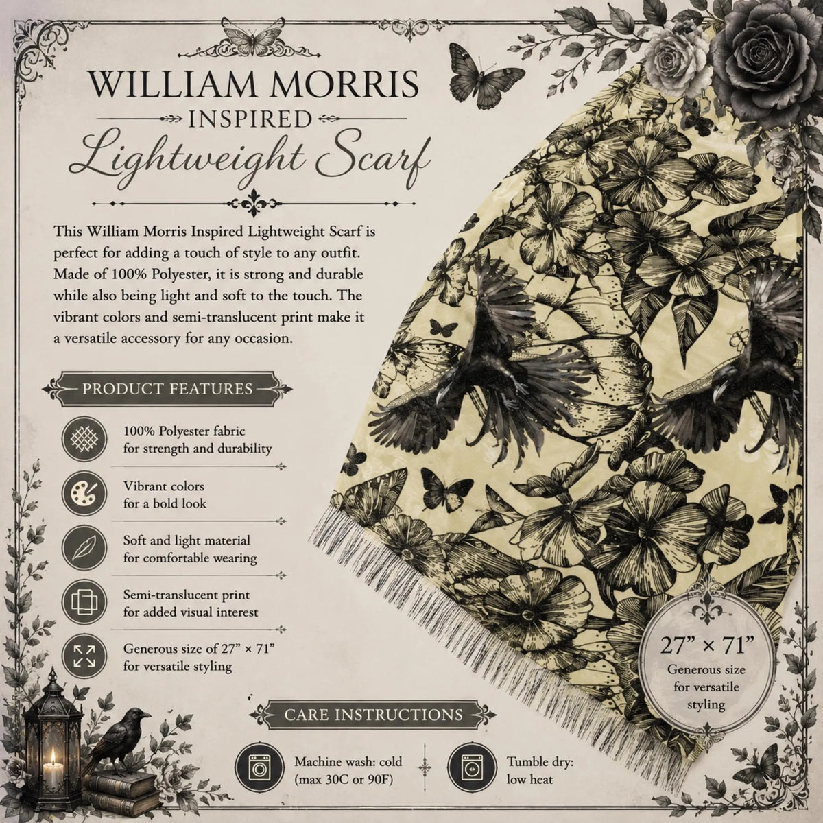 Fall Fashion Gift for Him William Morris Inspired Lightweight Dark Academia Shawl Crow Wrap Men & Women Designer Scarf Fashion Accessory
