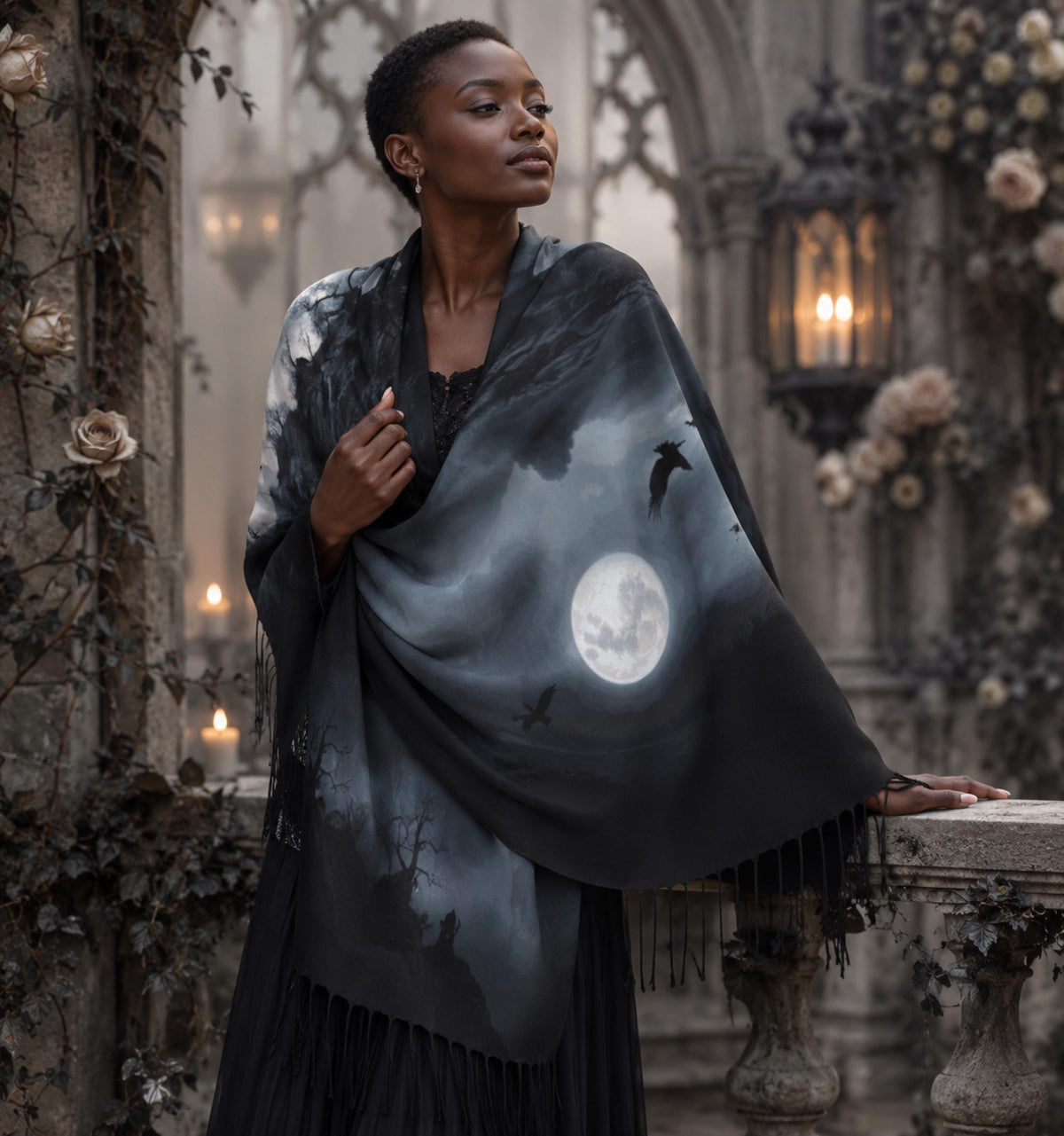 Dark Romance Raven Scarf for Pagan Gift Edgar Allan Poe Neck Warmer for Bestie Moody Gothic Cape Sorcière Crow Wrap for Halloween Festival