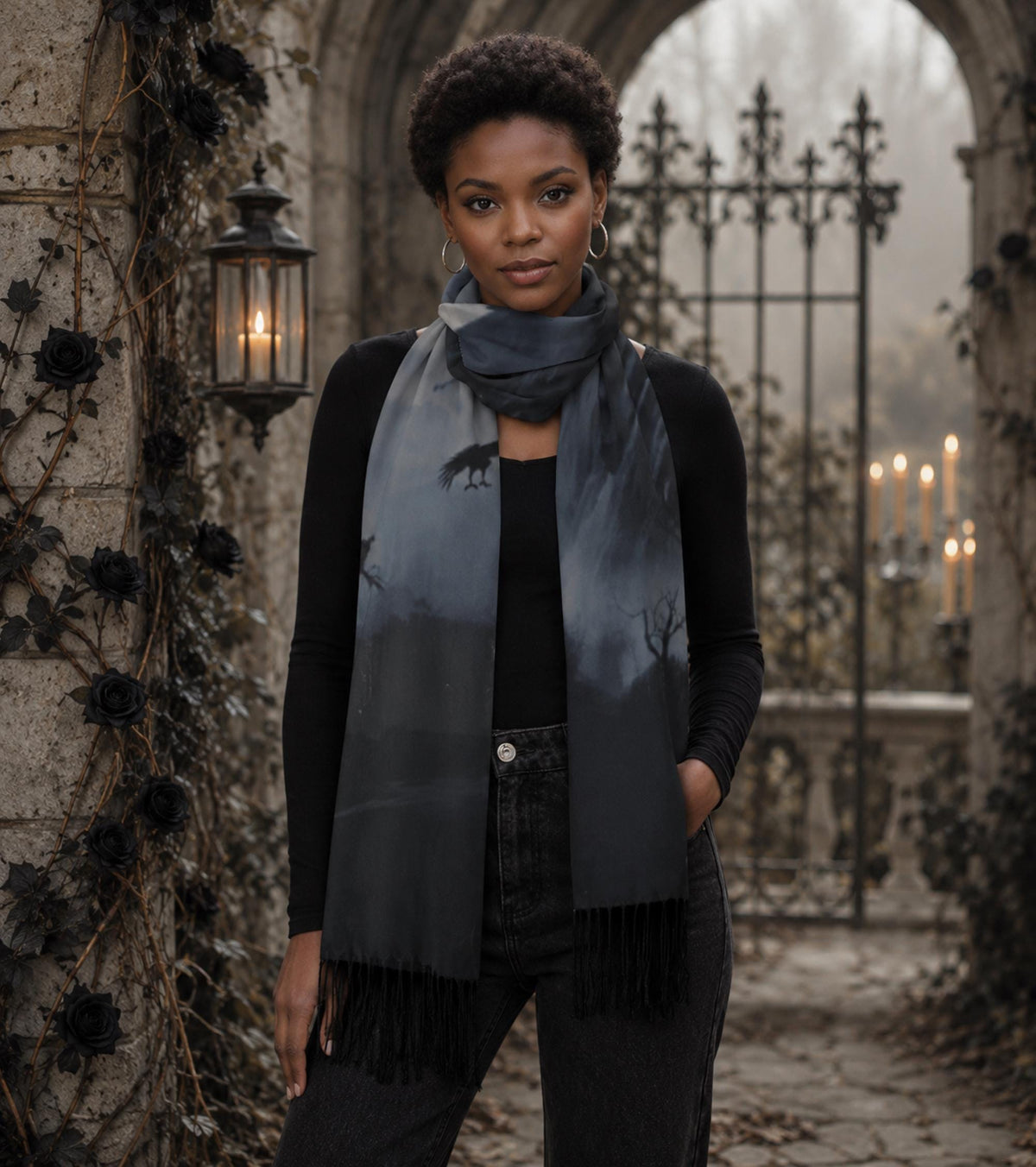 Dark Romance Raven Scarf for Pagan Gift Edgar Allan Poe Neck Warmer for Bestie Moody Gothic Cape Sorcière Crow Wrap for Halloween Festival