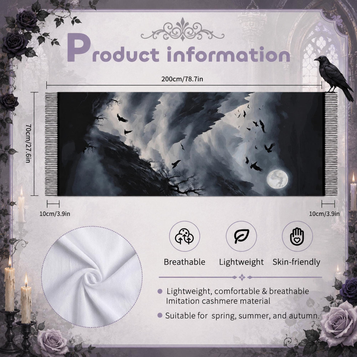 Dark Romance Raven Scarf for Pagan Gift Edgar Allan Poe Neck Warmer for Bestie Moody Gothic Cape Sorcière Crow Wrap for Halloween Festival