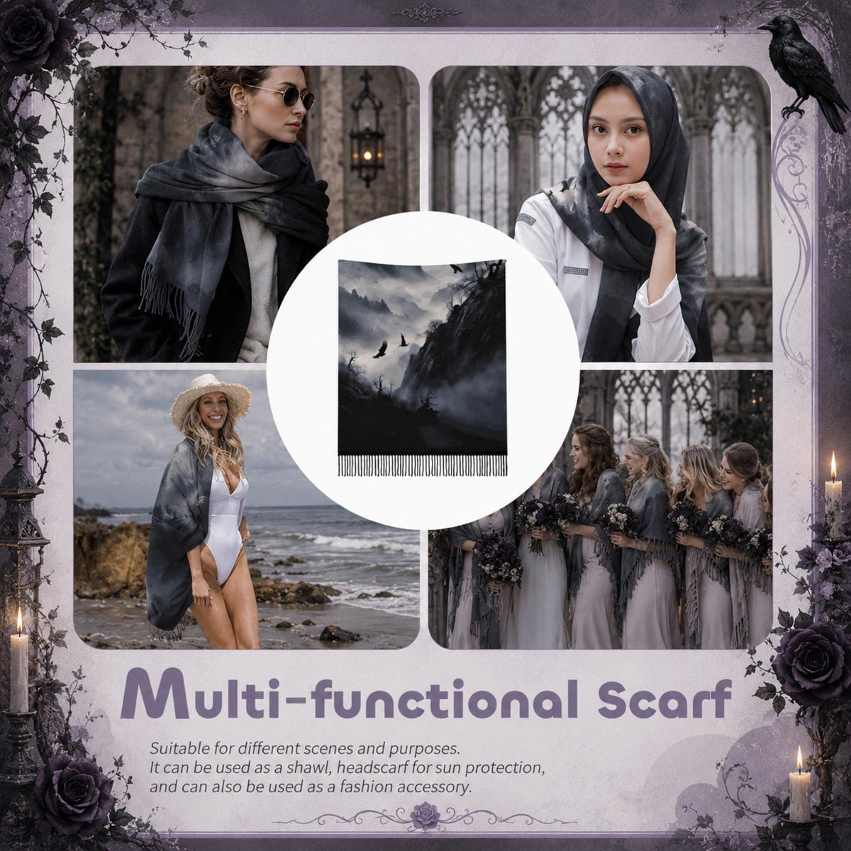Dark Romance Raven Scarf for Pagan Gift Edgar Allan Poe Neck Warmer for Bestie Moody Gothic Cape Sorcière Crow Wrap for Halloween Festival