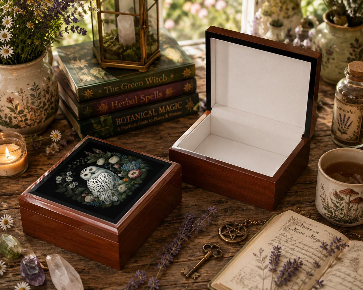 Black white-owl jewelry box shown open with pale lining beside a closed box on a dark tabletop.