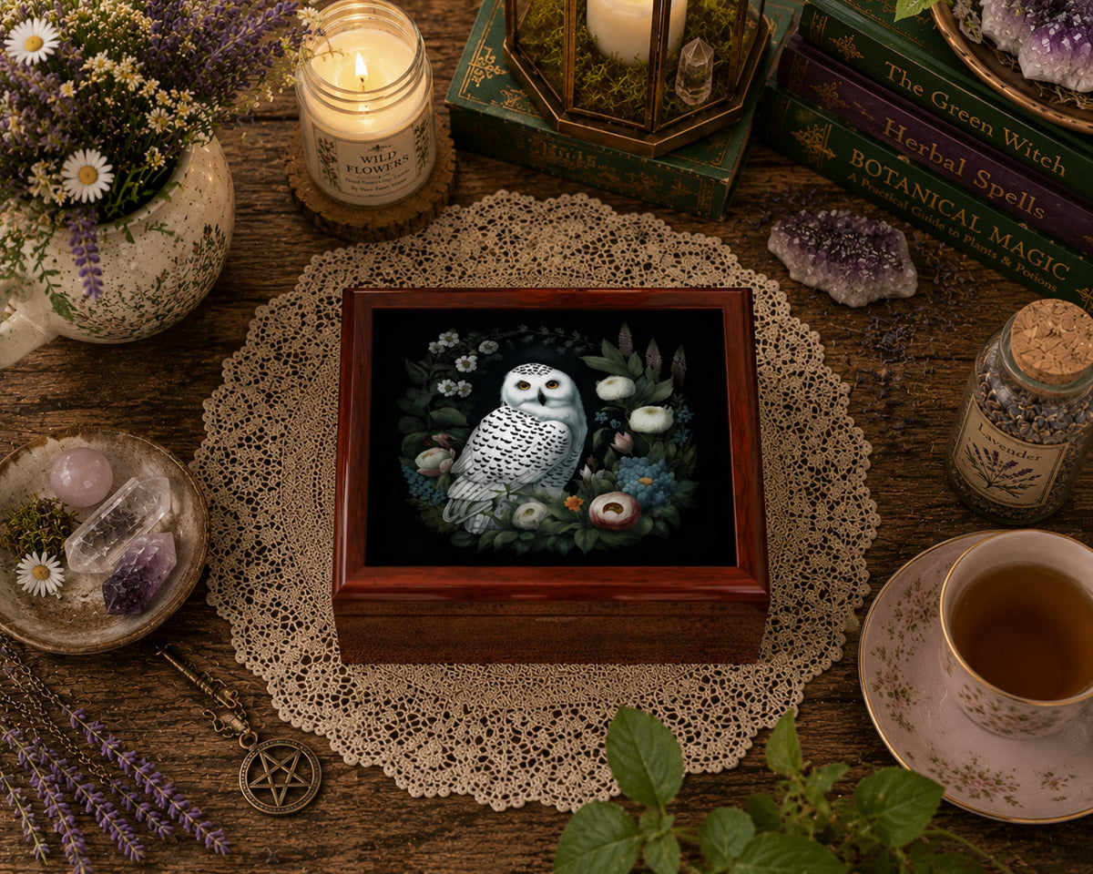 Overhead view of a brown wooden jewelry box with a white owl and flowers on the lid resting on a lace doily.