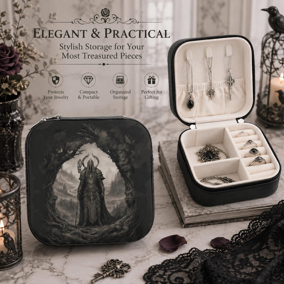 Warrior-print jewelry box shown closed beside an open cream-lined box organizing necklaces and rings.