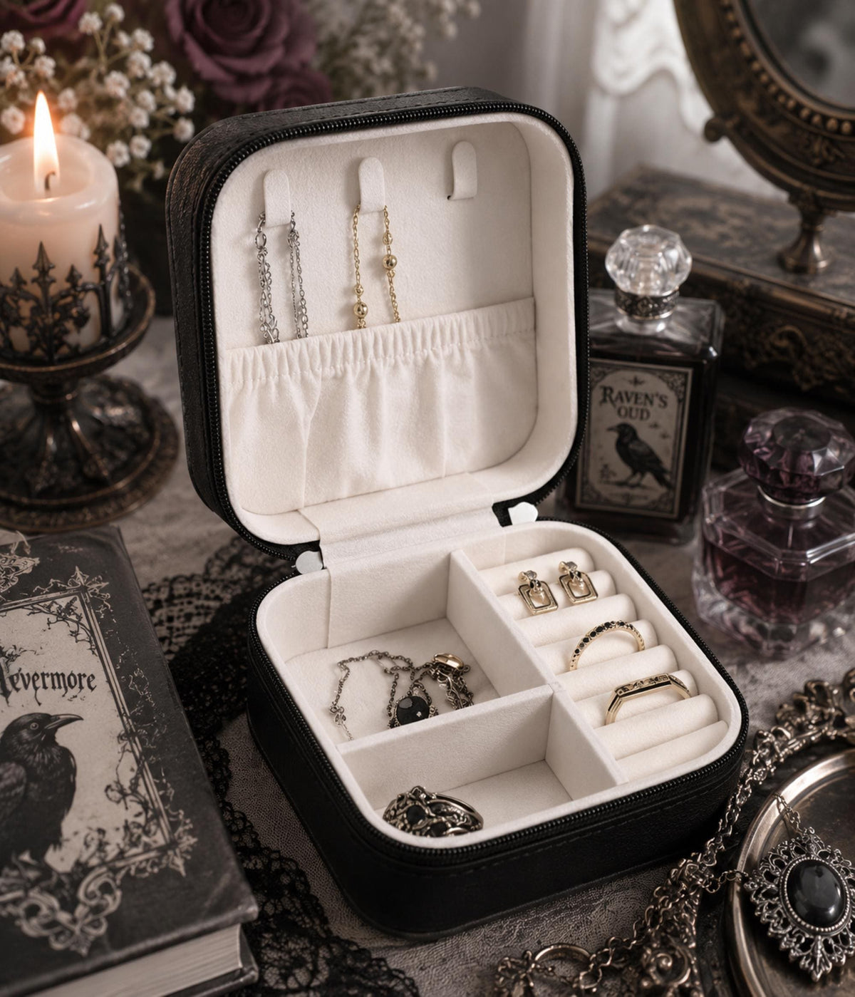 Open black jewelry box with cream lining holding necklaces and rings in hooks and divided compartments.