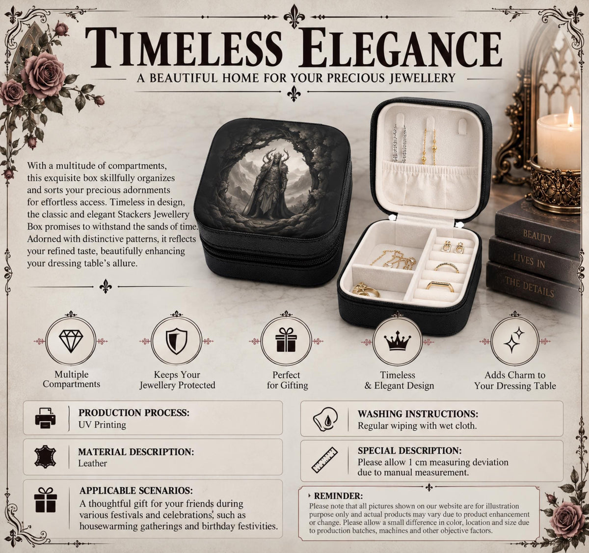 Warrior jewelry box information graphic showing open compartments and closed lid with care and material notes.