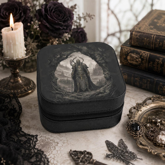 Black zippered jewelry box with an armored warrior motif viewed at an angle beside candles and dark roses.