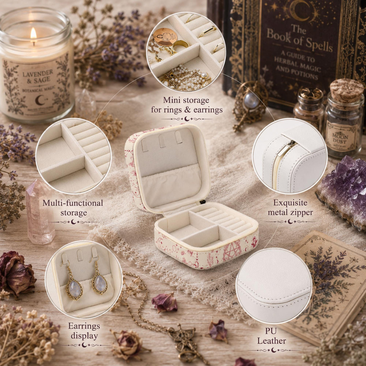 Open black pentagram jewelry box with pale lining and rings beside a closed matching box.