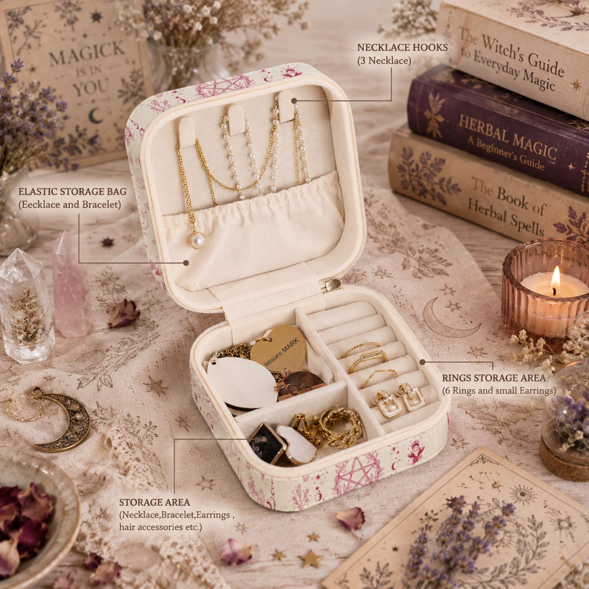 Angled view of a brown floral pentagram jewelry box beside a candle and botanical books.