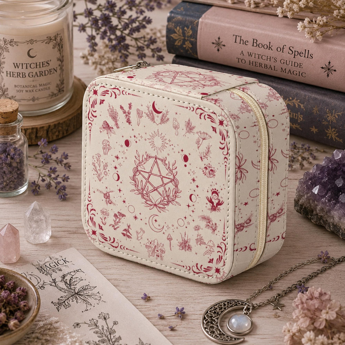 Angled view of a black wooden jewelry box with a floral pentagram lid beside candles and crystals.