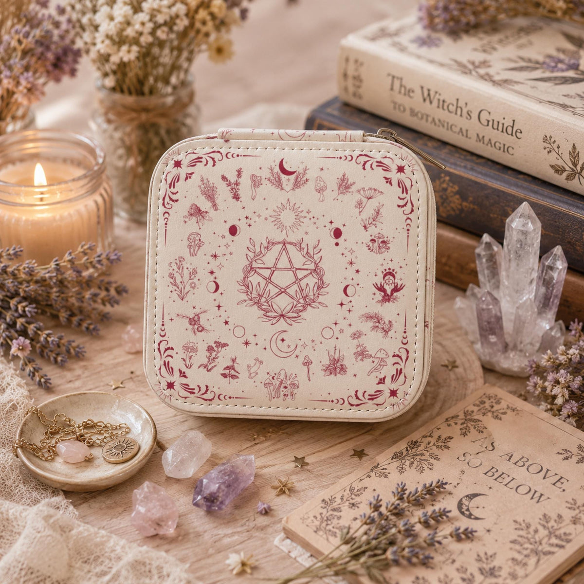 Floral pentagram jewelry box information graphic showing open and closed views with storage and care notes.