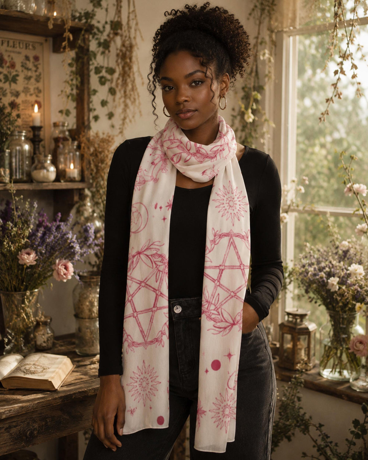 Practical Magic Witch Herb Pentagram Tassel Wrap Whimsical Occult Clothing Altar Scarf Kitchen Garden Nature Witch Gift Idea for the Holiday