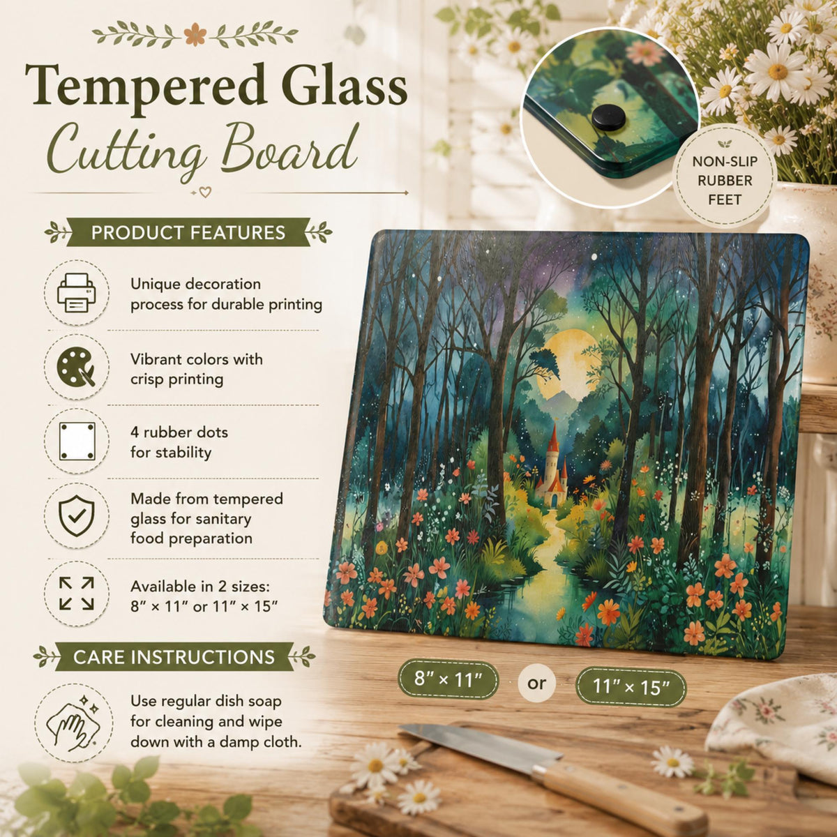 Enchanted Kitchen Storybook Decor for Whimsical Home Fairytale Castle Glass Cutting Board Cottagecore Farmhouse Gift Idea for Crow Lover