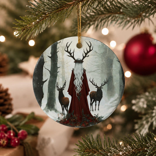 Elen of the Ways Yule Witch Gift Idea for Winter Solstice Yuletide Holiday Christmas Ceramic Ornament for Pagan Witch Gift Green Witchery
