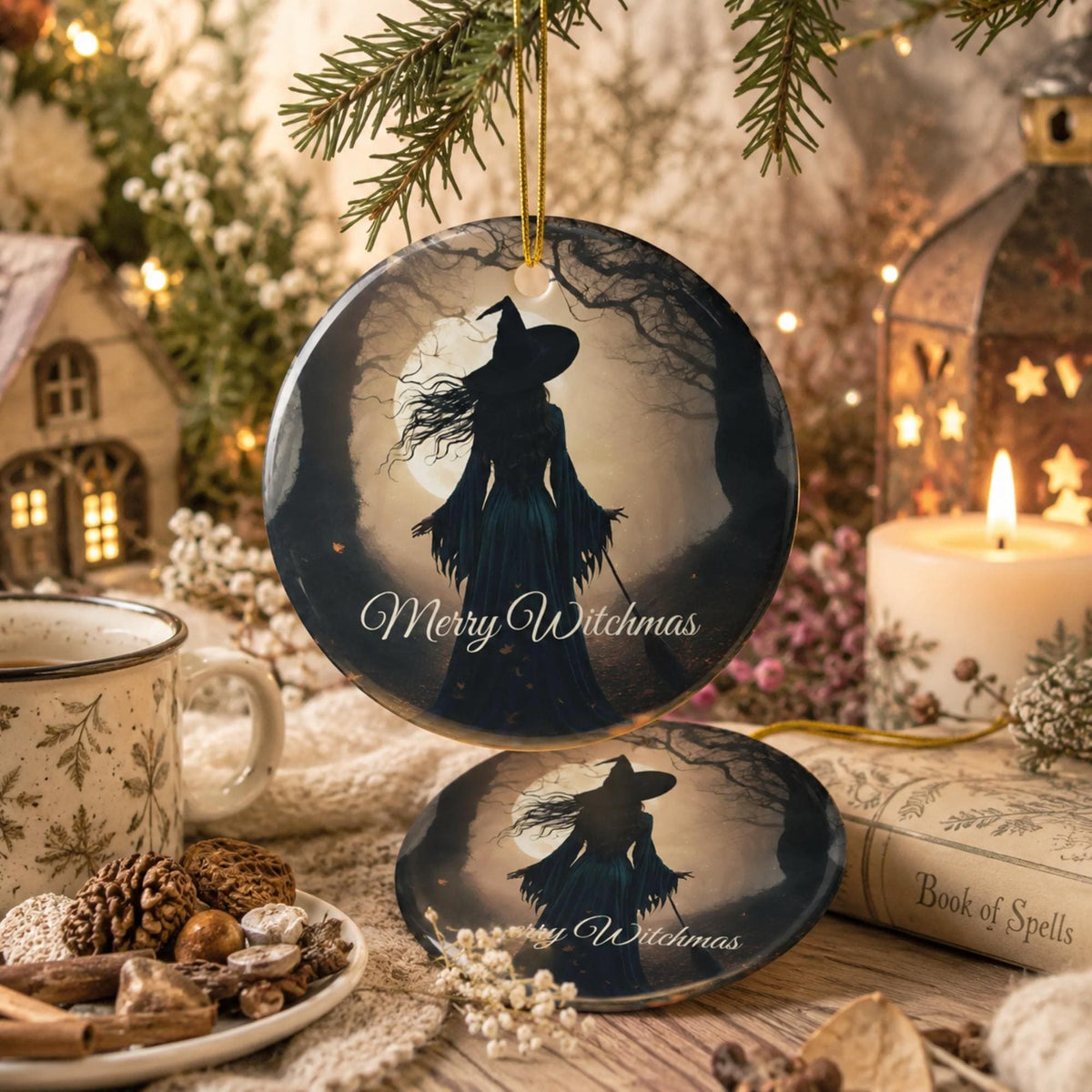 Merry Witchmas Ornament Gift for Occult Coworker Witch Gift Dark Cottagecore Winter Solstice Practical Magic Full Moon Pagan Yule Decor